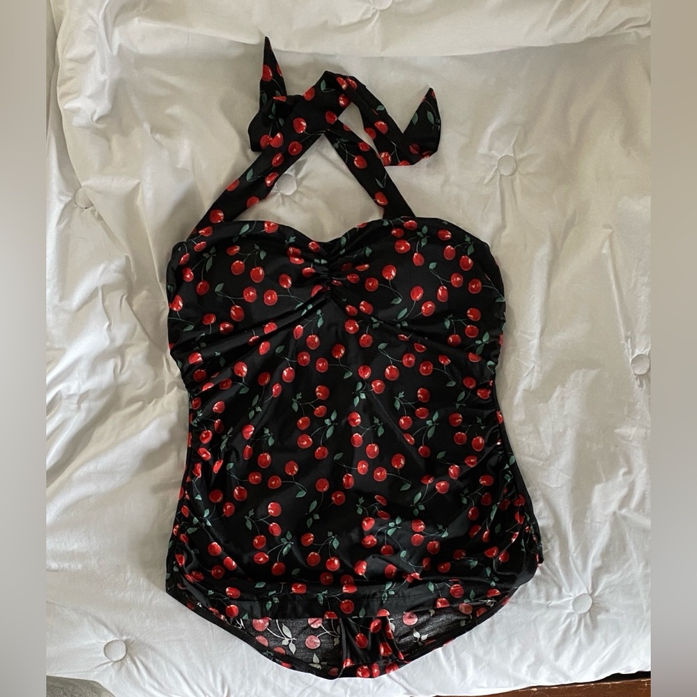 Black Cherry Print Halter One-Piece Swimsuit